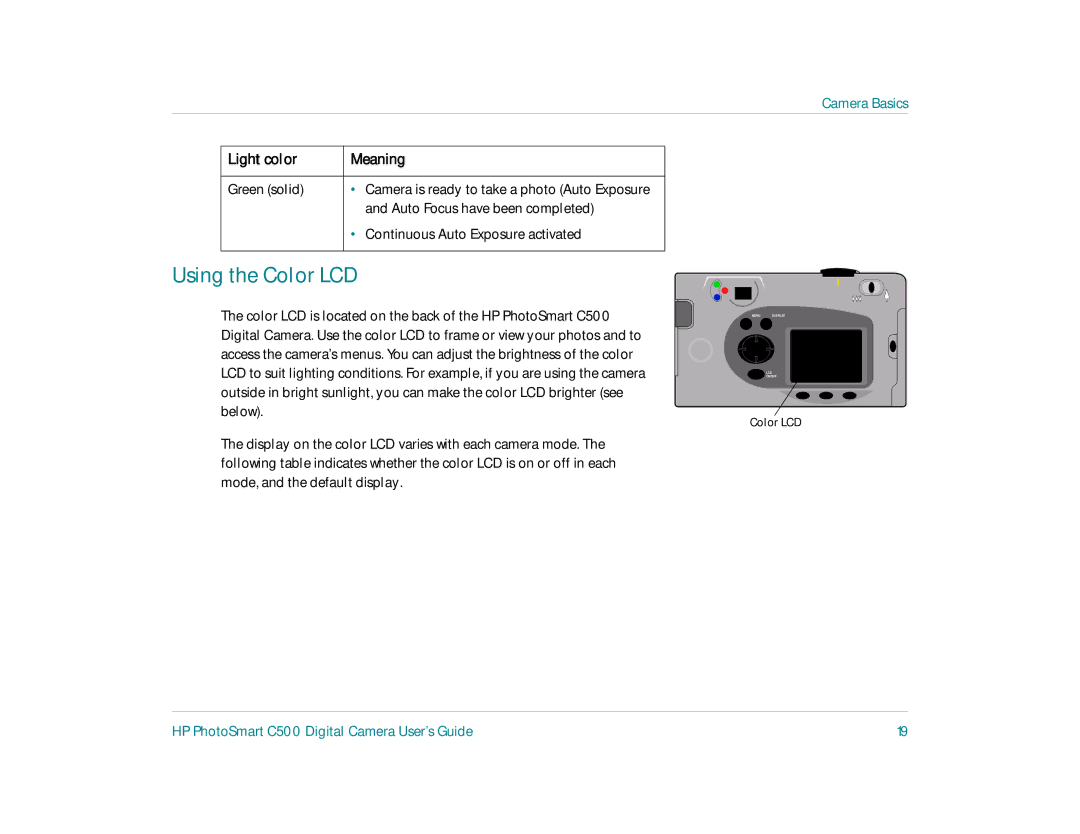 HP c500 manual Using the Color LCD, Green solid, Auto Focus have been completed, Continuous Auto Exposure activated 