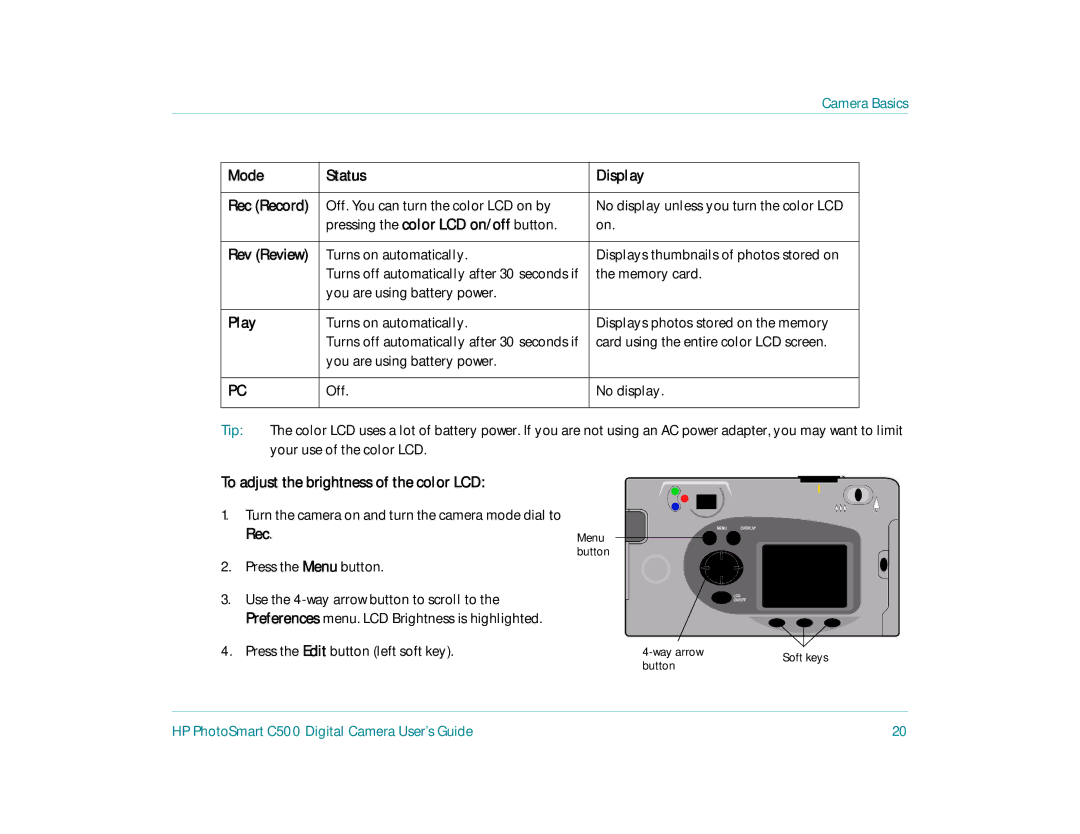 HP c500 manual Mode Status Display, Play, To adjust the brightness of the color LCD 