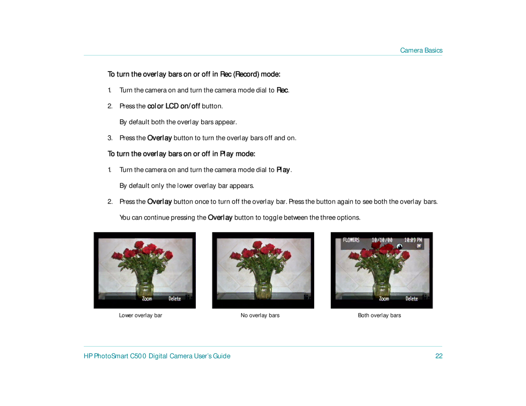 HP c500 manual To turn the overlay bars on or off in Rec Record mode, To turn the overlay bars on or off in Play mode 