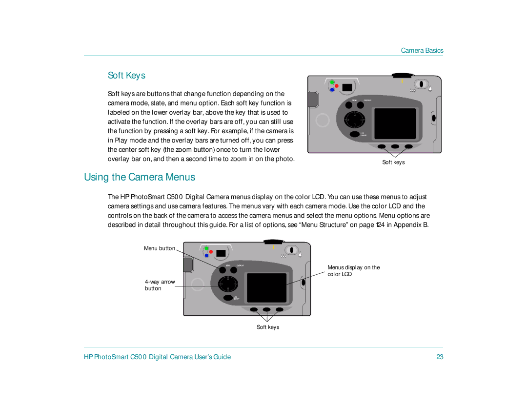 HP c500 manual Using the Camera Menus, Soft Keys 