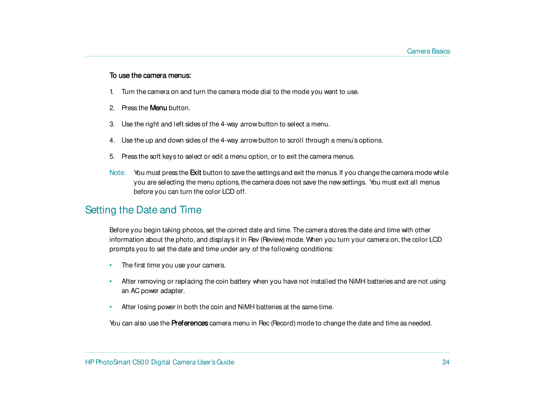 HP c500 manual Setting the Date and Time, To use the camera menus 