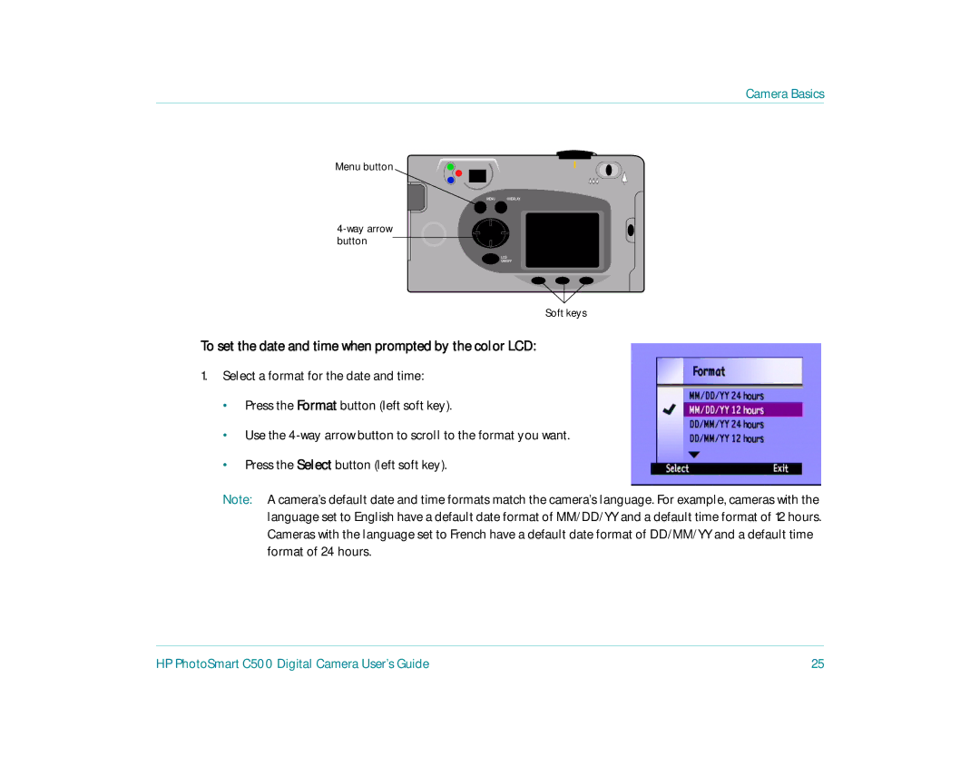 HP c500 manual To set the date and time when prompted by the color LCD 