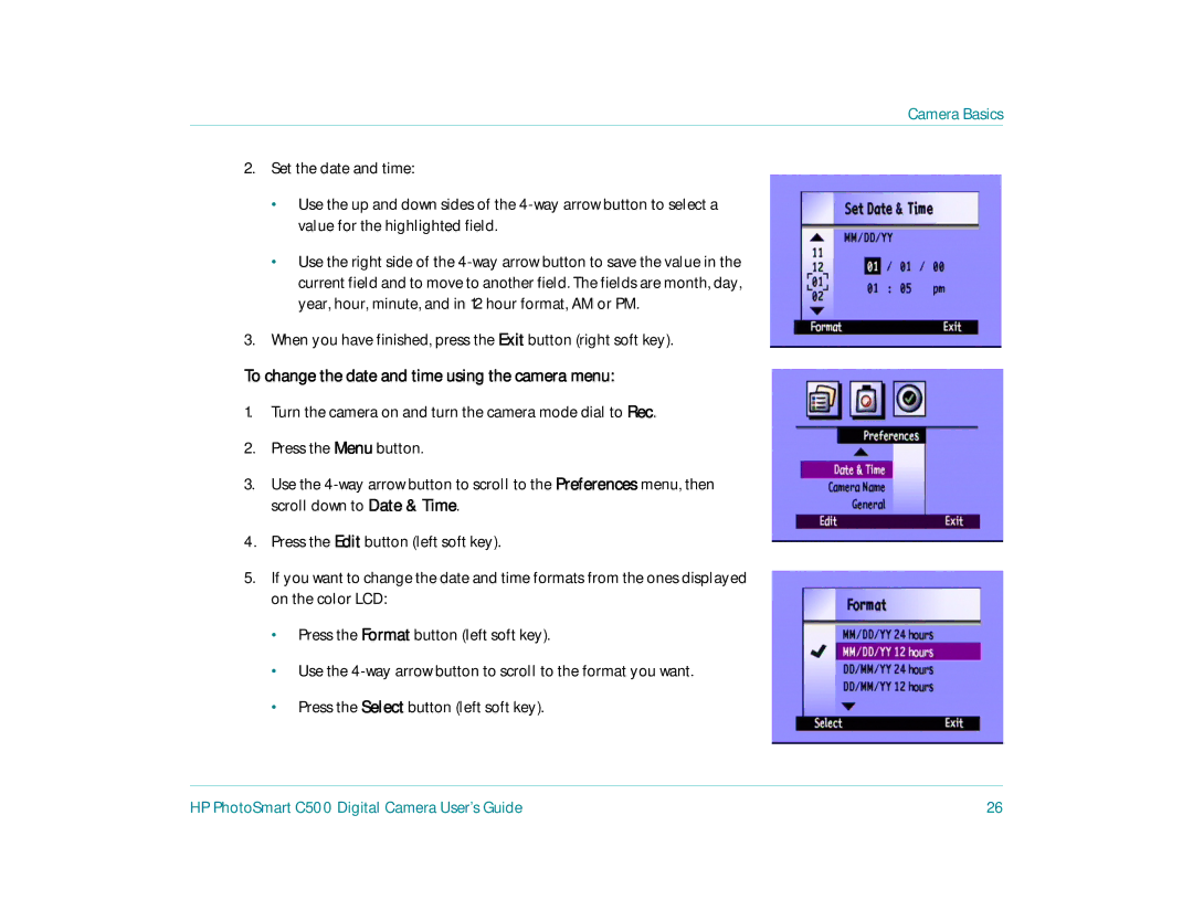 HP c500 When you have finished, press the Exit button right soft key, To change the date and time using the camera menu 