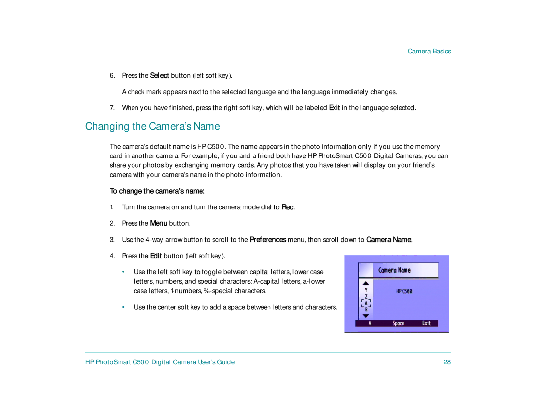 HP c500 manual Changing the Camera’s Name, To change the camera’s name 