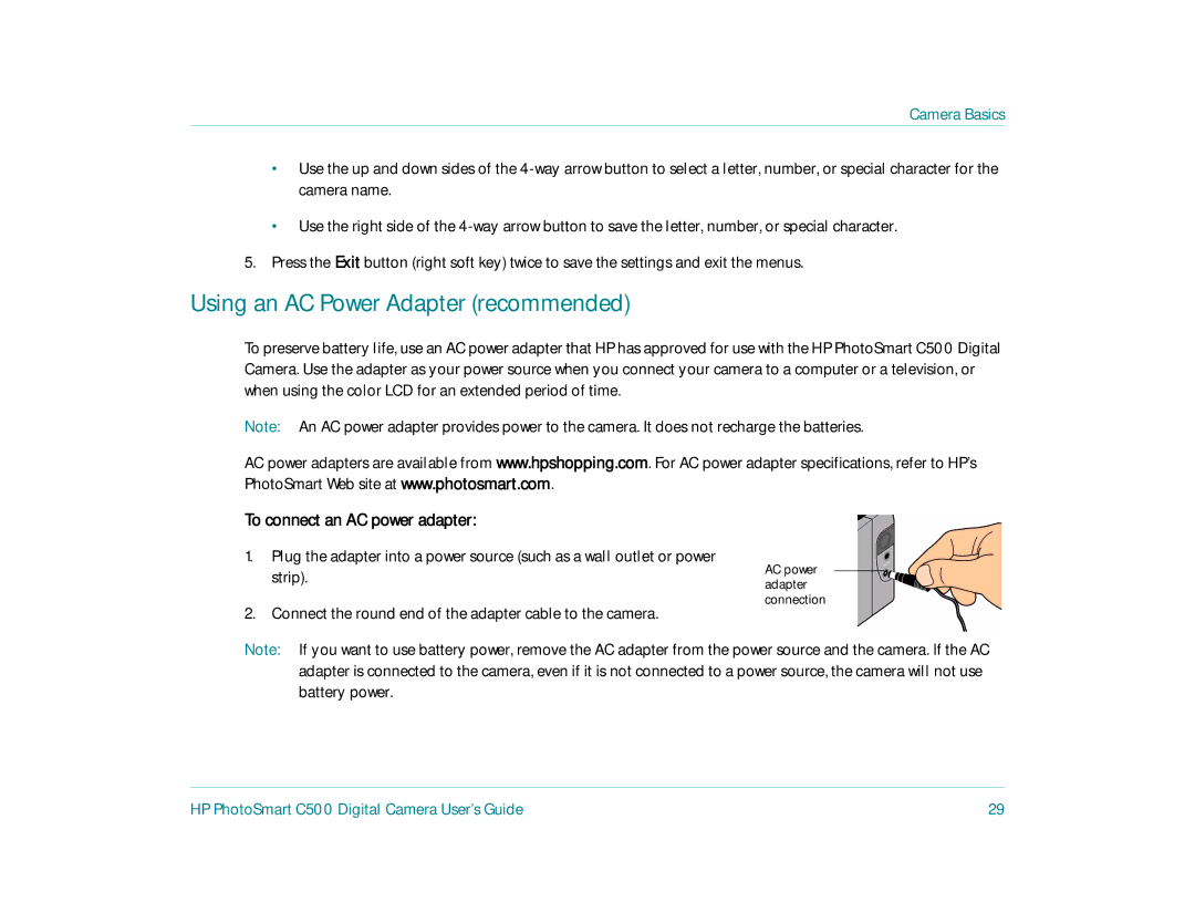 HP c500 manual Using an AC Power Adapter recommended, To connect an AC power adapter 