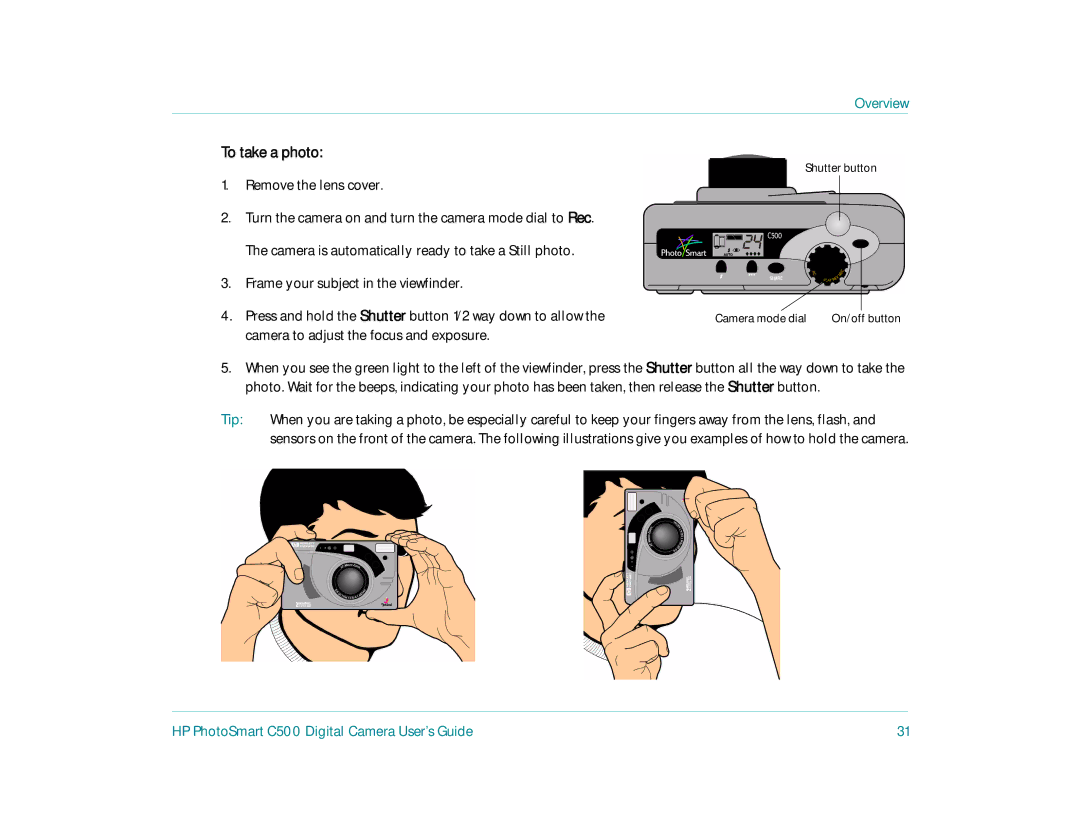 HP c500 manual Overview, To take a photo, Remove the lens cover 