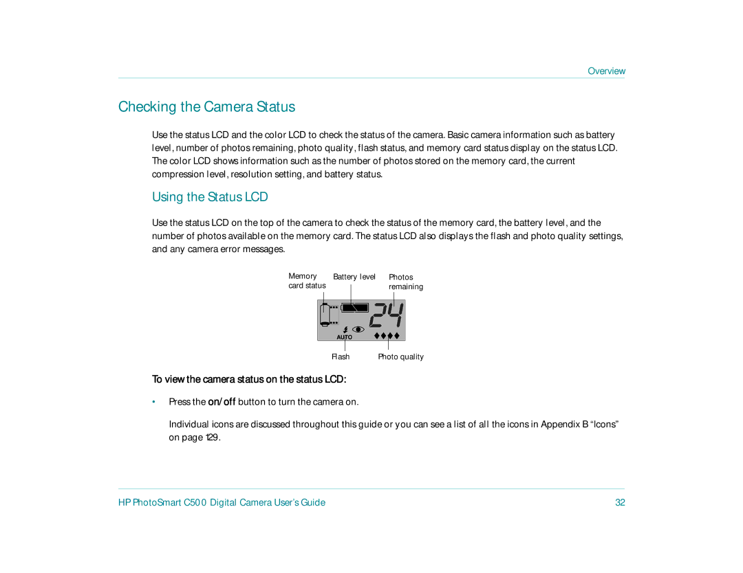 HP c500 manual Checking the Camera Status, Using the Status LCD, To view the camera status on the status LCD 