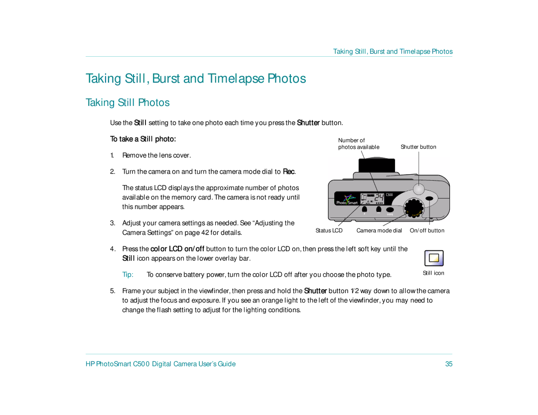 HP c500 manual Taking Still, Burst and Timelapse Photos, Taking Still Photos, To take a Still photo, Tip 