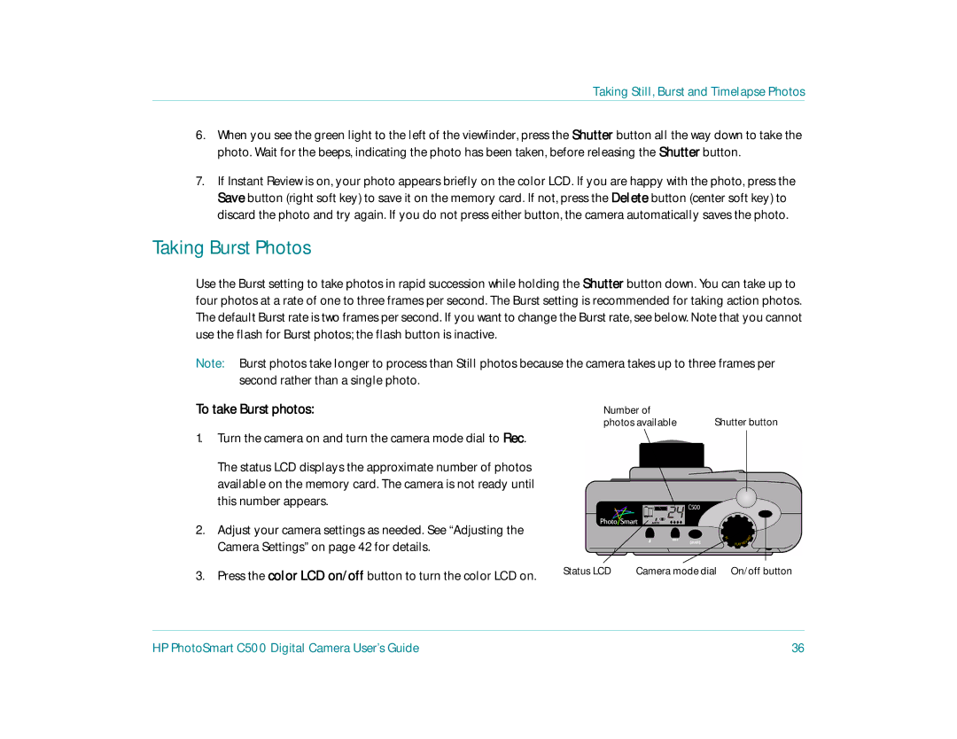 HP c500 manual Taking Burst Photos, To take Burst photos 