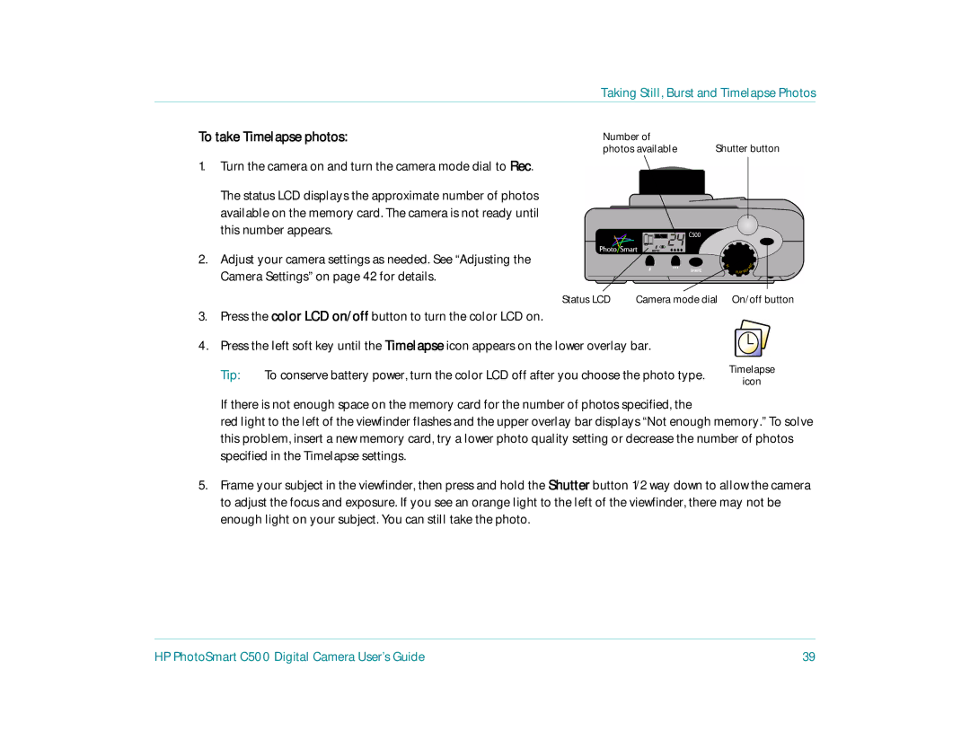 HP c500 manual To take Timelapse photos, Tip 