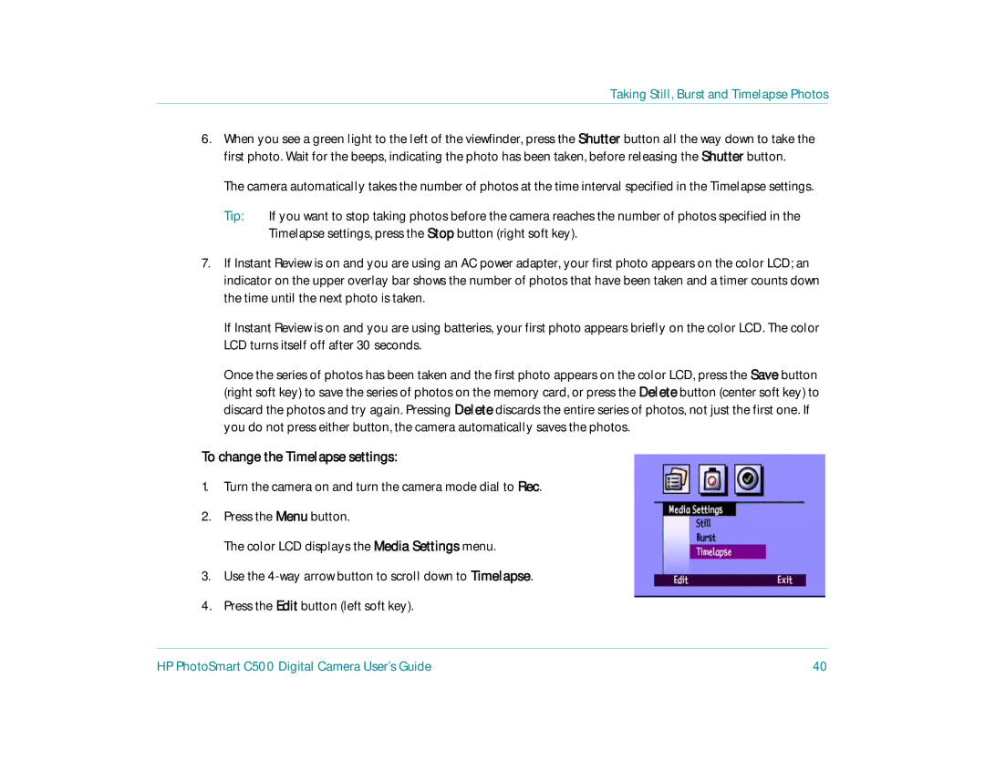 HP c500 manual To change the Timelapse settings 