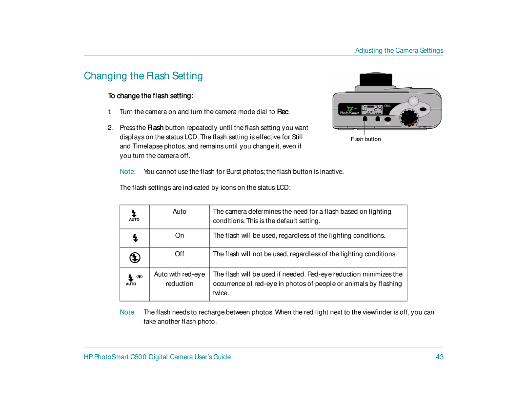 HP c500 Changing the Flash Setting, To change the flash setting, Flash settings are indicated by icons on the status LCD 