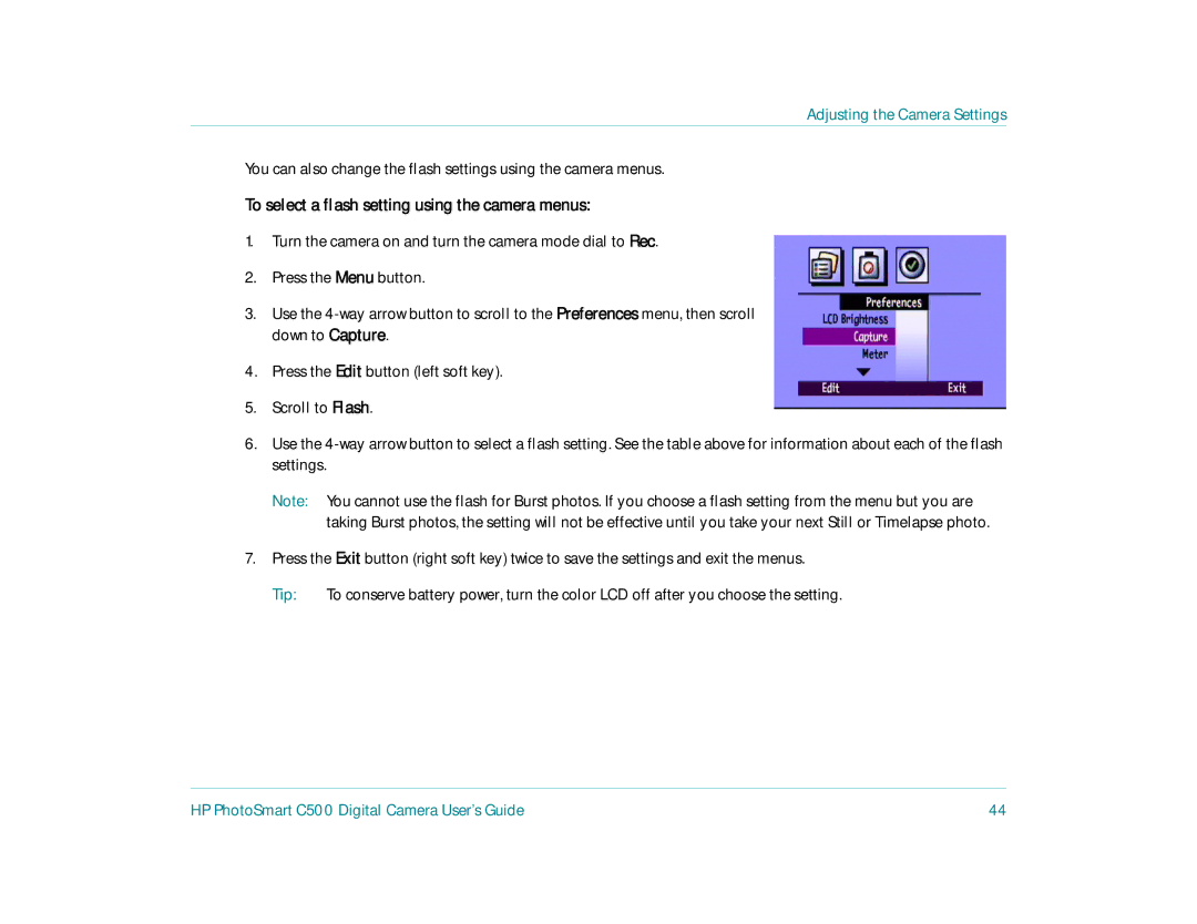 HP c500 manual To select a flash setting using the camera menus 