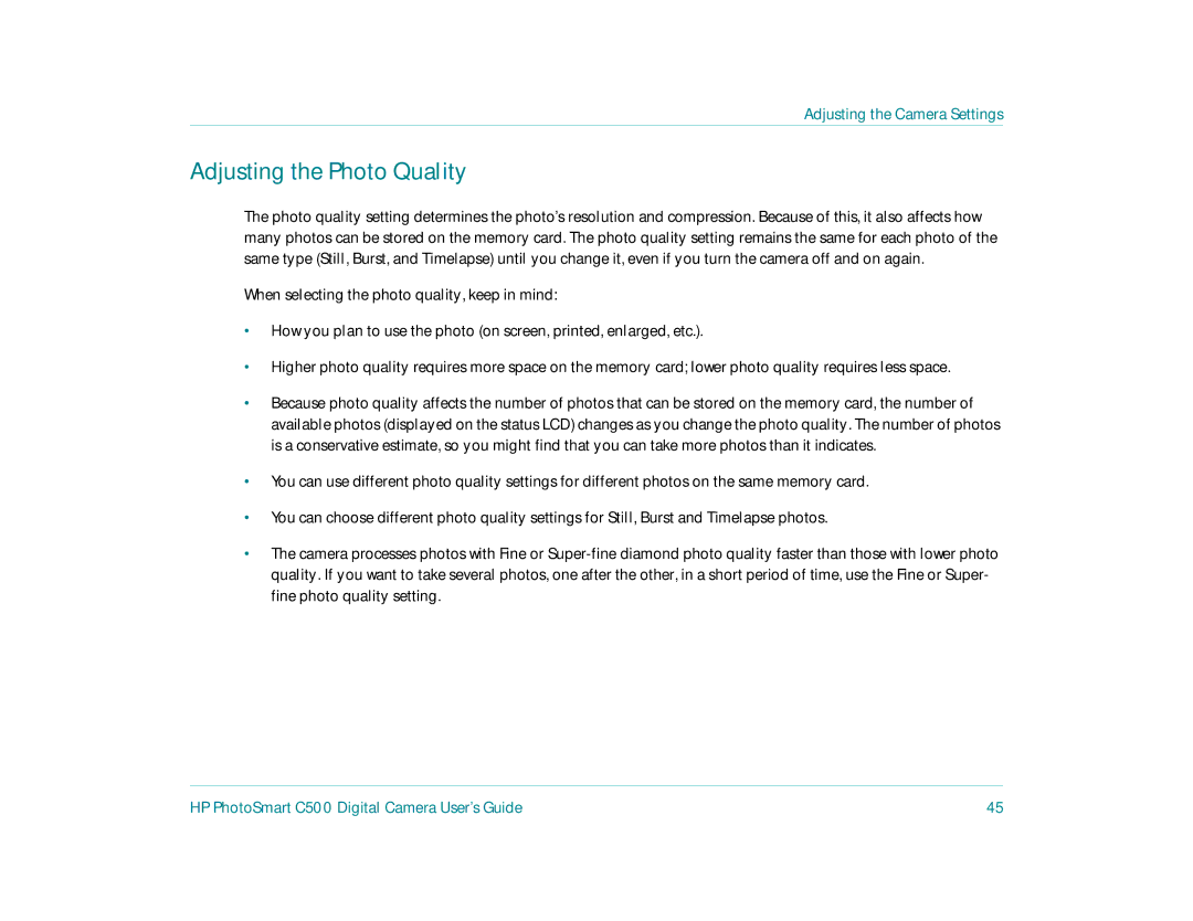 HP c500 manual Adjusting the Photo Quality 