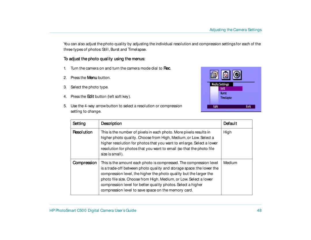 HP c500 manual To adjust the photo quality using the menus, Setting Description Default Resolution, Size is small 