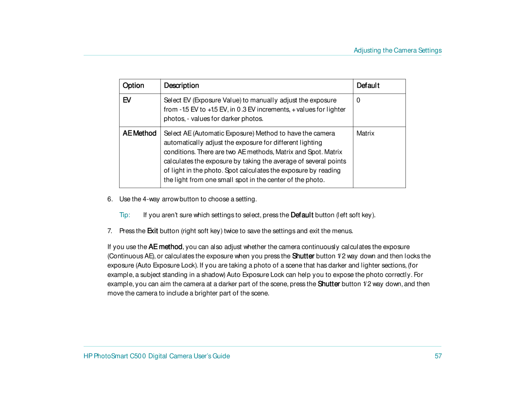 HP c500 manual Option Description Default, Photos, values for darker photos 