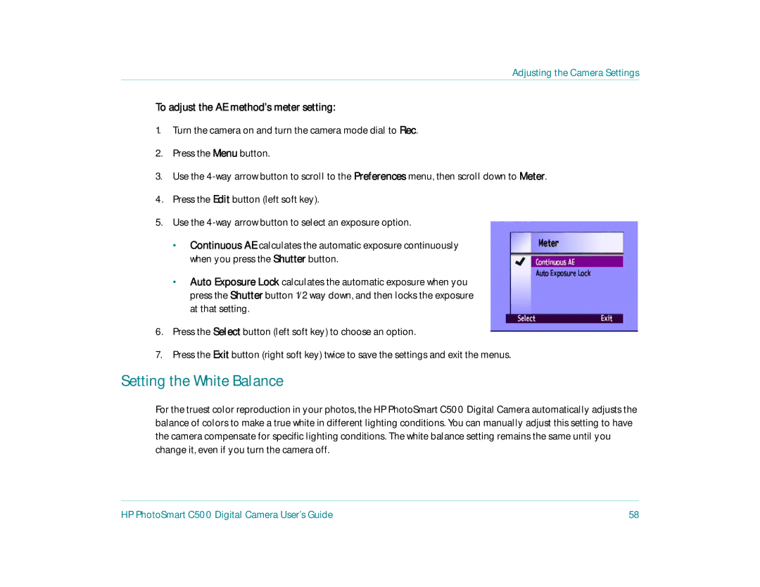 HP c500 manual Setting the White Balance, To adjust the AE method’s meter setting 