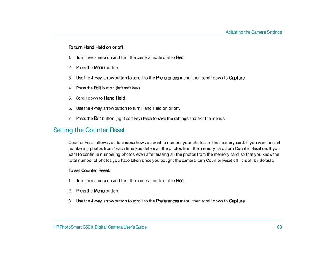 HP c500 manual Setting the Counter Reset, To turn Hand Held on or off, To set Counter Reset 