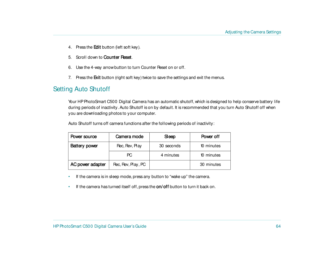 HP c500 manual Setting Auto Shutoff, Power source Camera mode Sleep Power off Battery power 