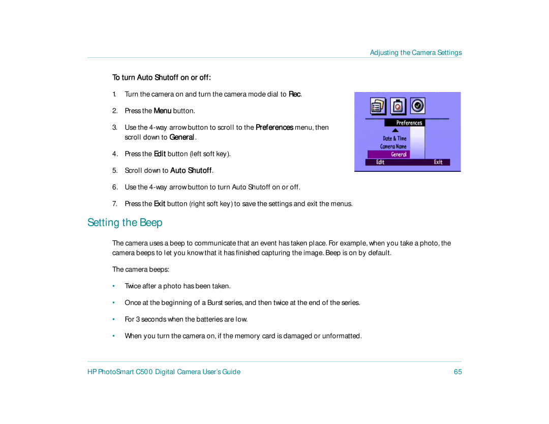 HP c500 manual Setting the Beep, To turn Auto Shutoff on or off 