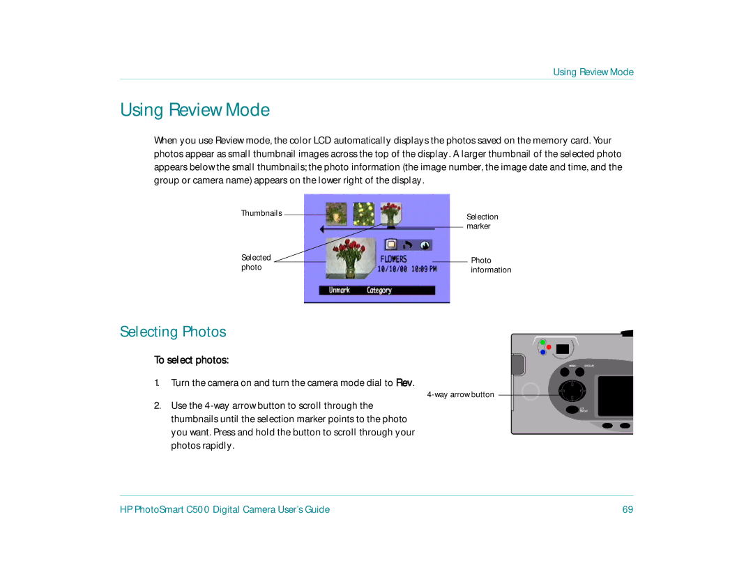 HP c500 Using Review Mode, Selecting Photos, To select photos, Turn the camera on and turn the camera mode dial to Rev 