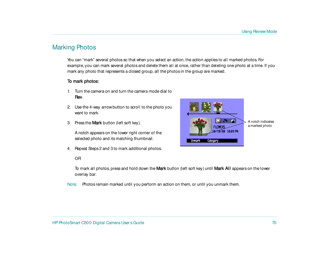 HP c500 manual Marking Photos, To mark photos, Repeat Steps 2 and 3 to mark additional photos 