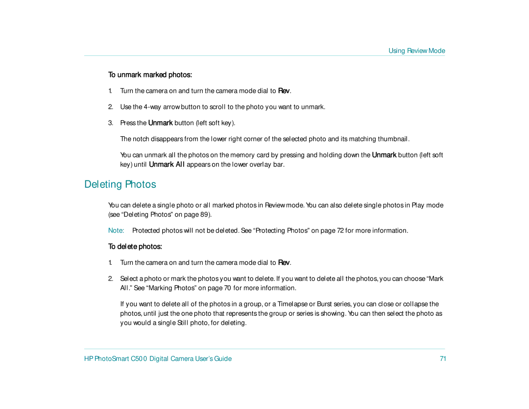 HP c500 manual Deleting Photos, To unmark marked photos, To delete photos 