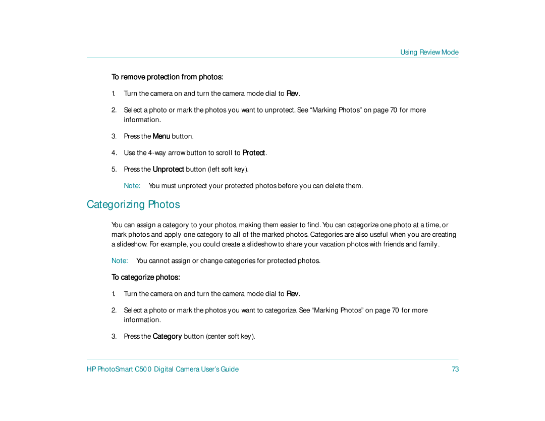 HP c500 manual Categorizing Photos, To remove protection from photos, To categorize photos 