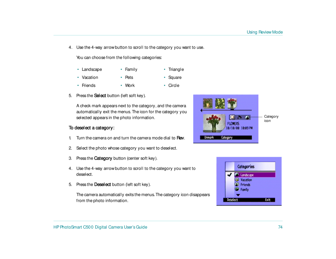 HP c500 manual Landscape Family, Vacation Pets, Friends Work Circle, To deselect a category 