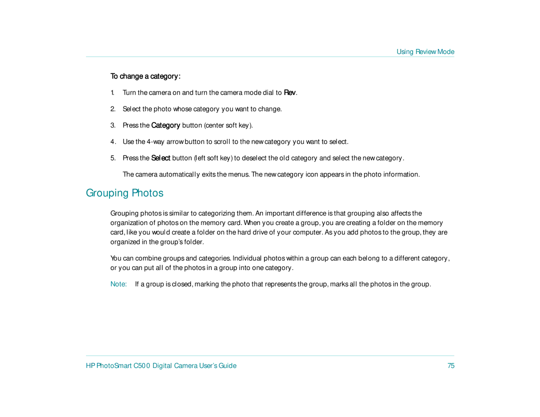 HP c500 manual Grouping Photos, To change a category 