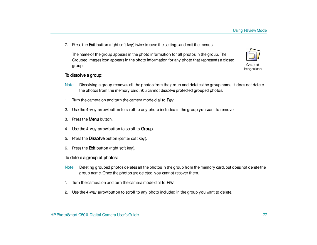 HP c500 manual To dissolve a group, To delete a group of photos 