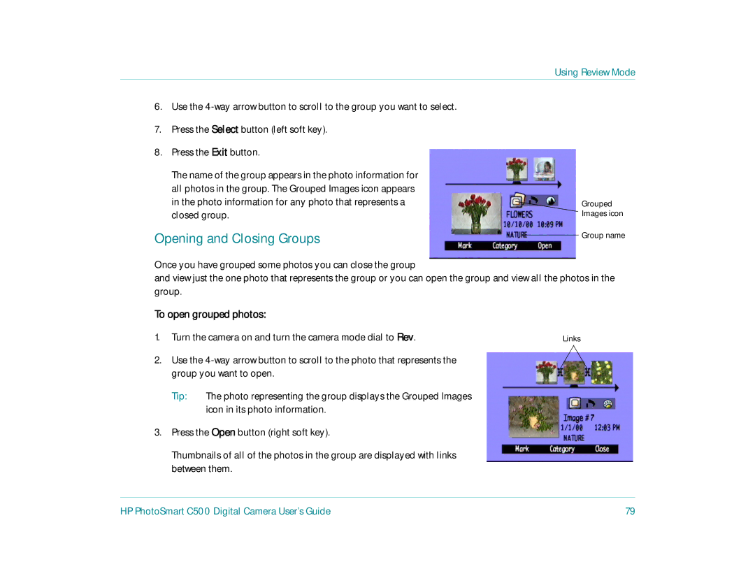 HP c500 manual Opening and Closing Groups, To open grouped photos 