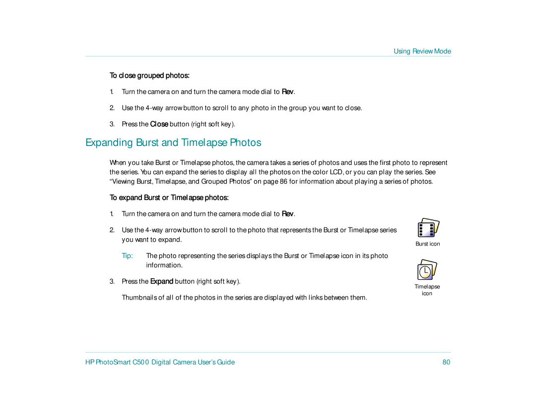 HP c500 manual Expanding Burst and Timelapse Photos, To close grouped photos, To expand Burst or Timelapse photos 