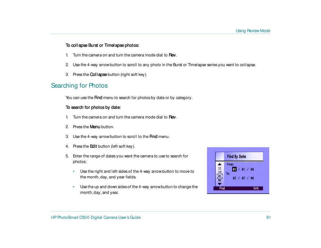 HP c500 manual Searching for Photos, To collapse Burst or Timelapse photos, To search for photos by date 