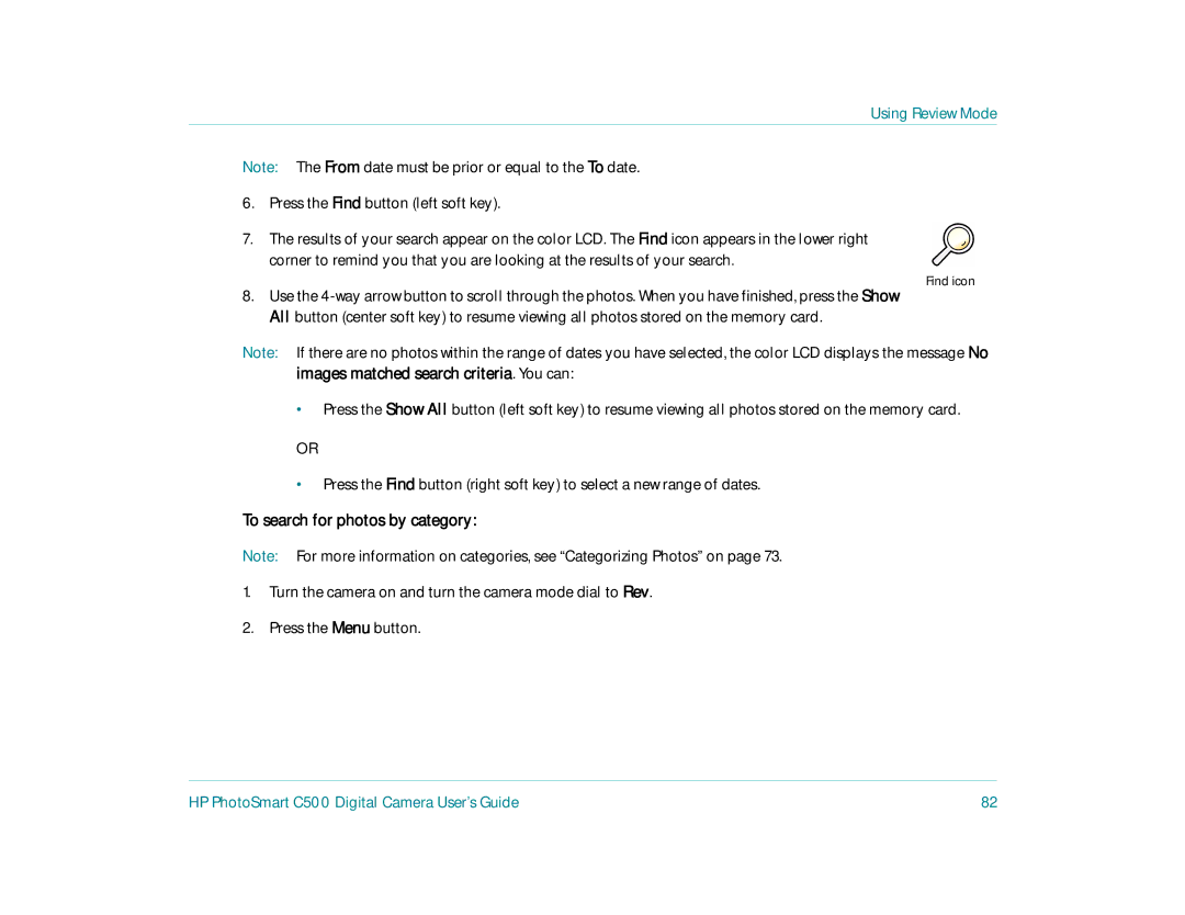 HP c500 manual Press the Find button left soft key, To search for photos by category 
