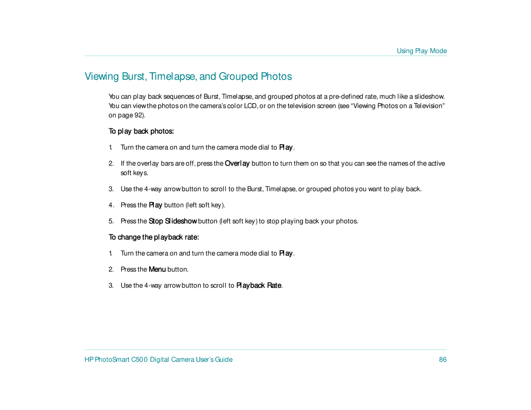 HP c500 manual Viewing Burst, Timelapse, and Grouped Photos, To play back photos, To change the playback rate 