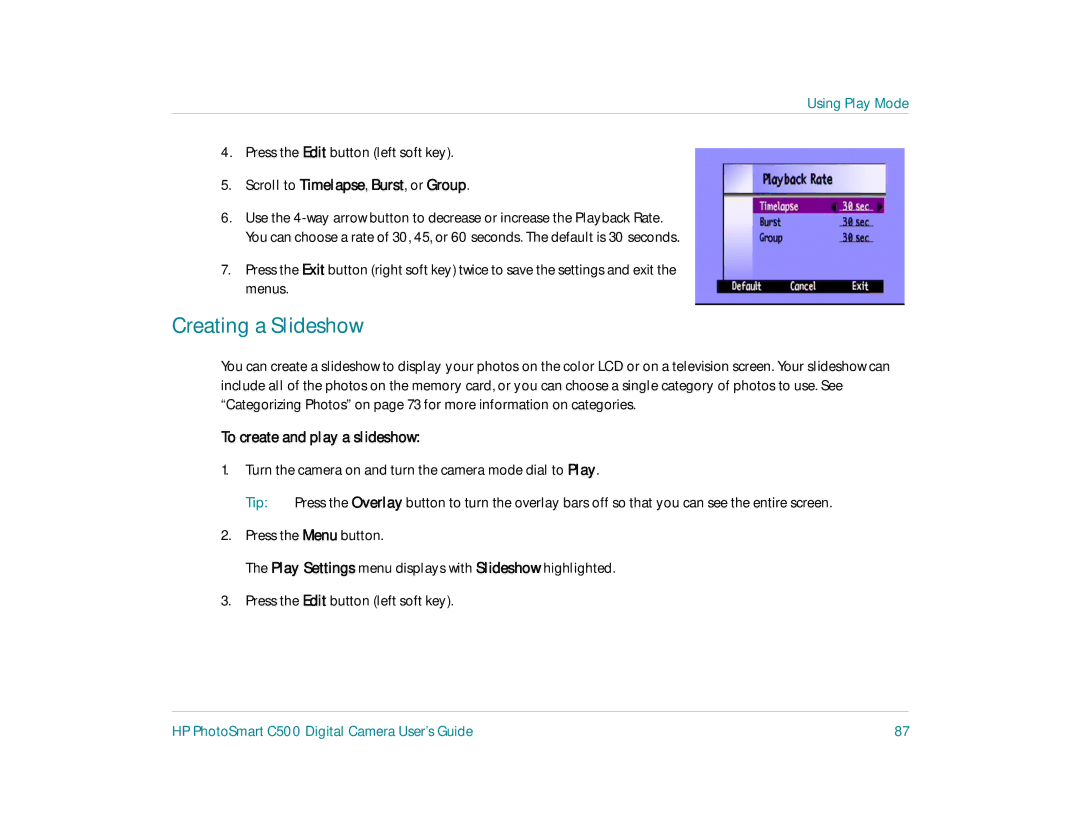HP c500 manual Creating a Slideshow, Scroll to Timelapse, Burst, or Group, To create and play a slideshow 