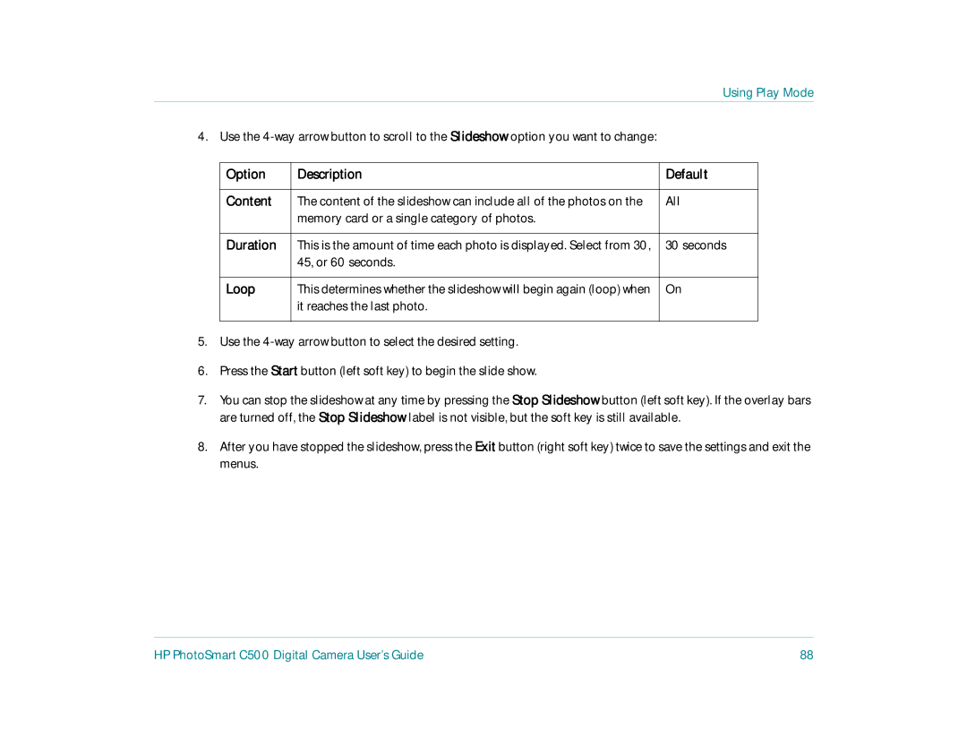 HP c500 manual Option Description Default Content, Duration, Loop 