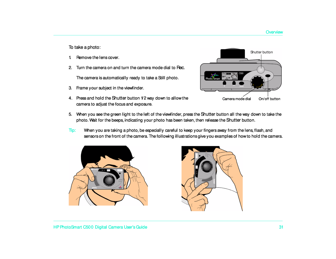 HP c500 manual Overview, To take a photo, Remove the lens cover, Frame your subject in the viewfinder 