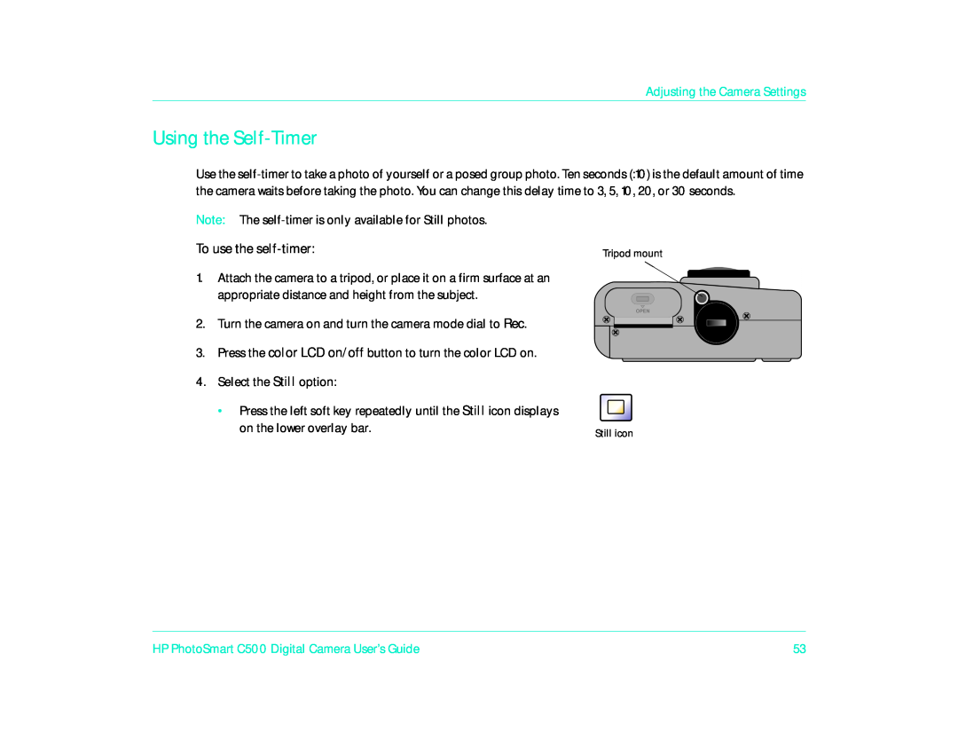 HP c500 Using the Self-Timer, Adjusting the Camera Settings, HP PhotoSmart C500 Digital Camera User’s Guide, Tripod mount 