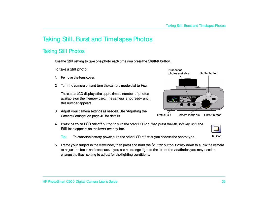 HP c500 Taking Still, Burst and Timelapse Photos, Taking Still Photos, HP PhotoSmart C500 Digital Camera User’s Guide 