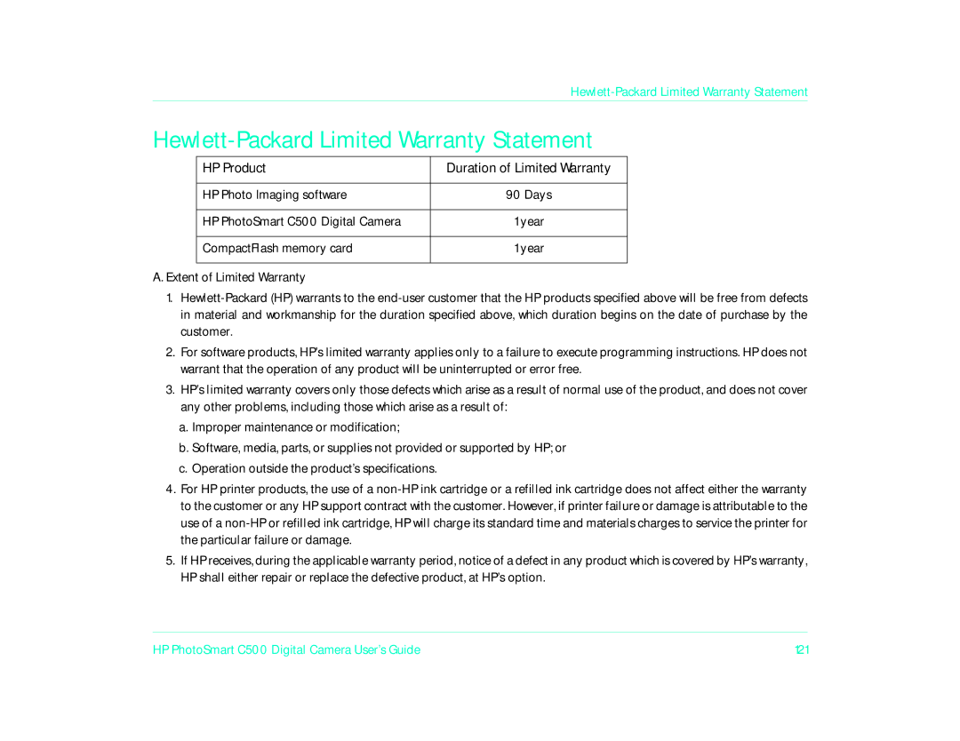 HP c500/c500xi manual Hewlett-Packard Limited Warranty Statement, HP Product 