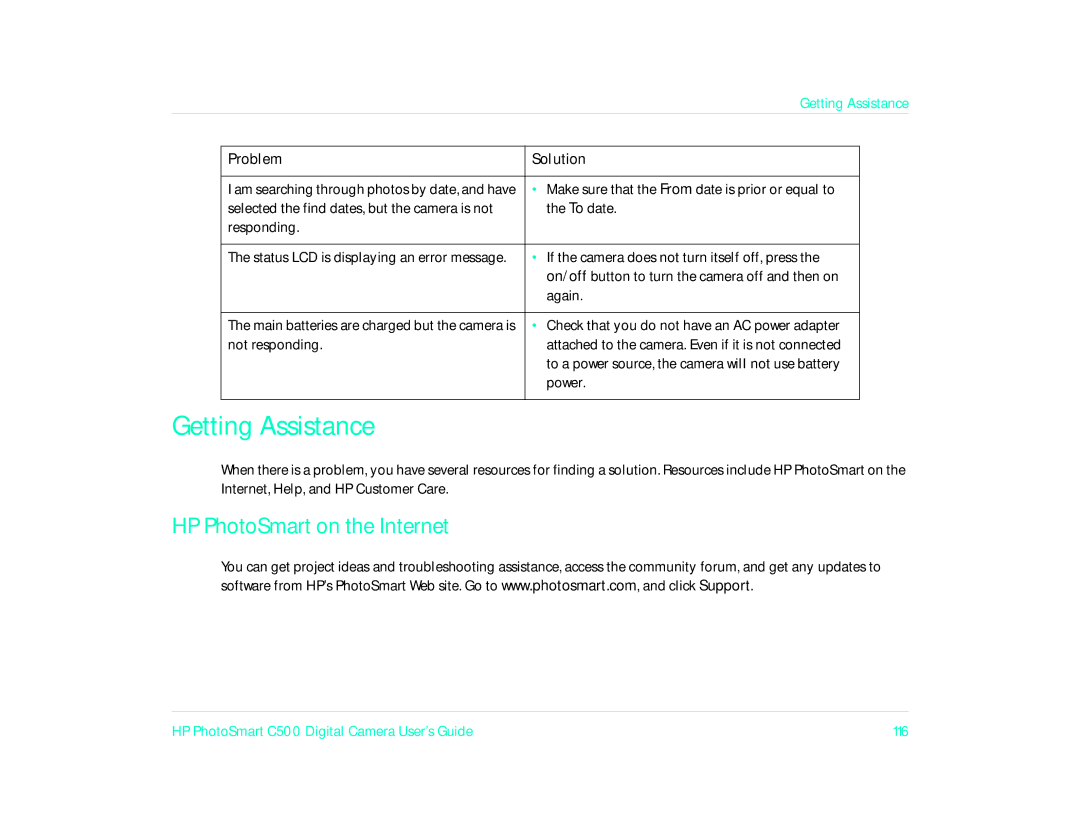 HP c500/c500xi manual Getting Assistance, To date Responding, Again, Power 