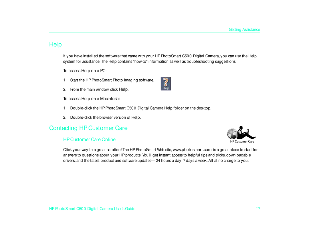 HP c500/c500xi manual To access Help on a PC, To access Help on a Macintosh 
