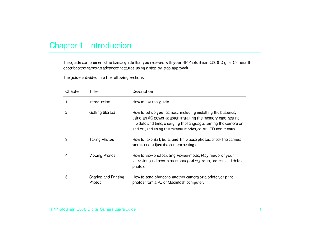 HP c500/c500xi manual Introduction, Chapter Title Description, HP PhotoSmart C500 Digital Camera User’s Guide 