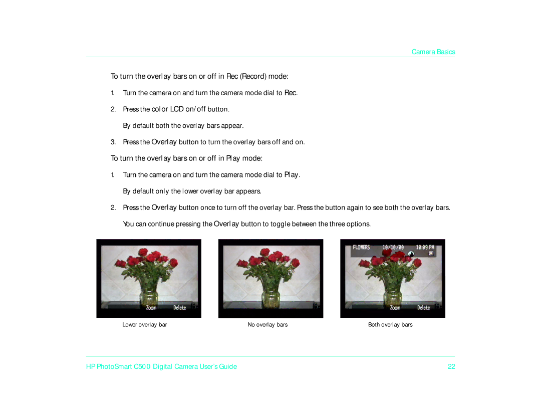 HP c500/c500xi To turn the overlay bars on or off in Rec Record mode, To turn the overlay bars on or off in Play mode 