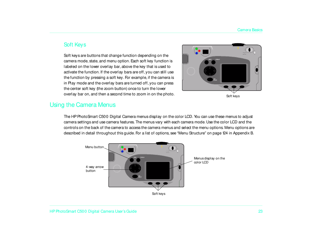 HP c500/c500xi manual Using the Camera Menus, Soft Keys 