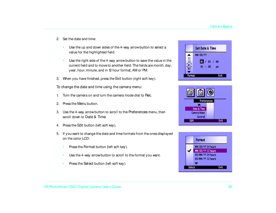 HP c500/c500xi manual To change the date and time using the camera menu 