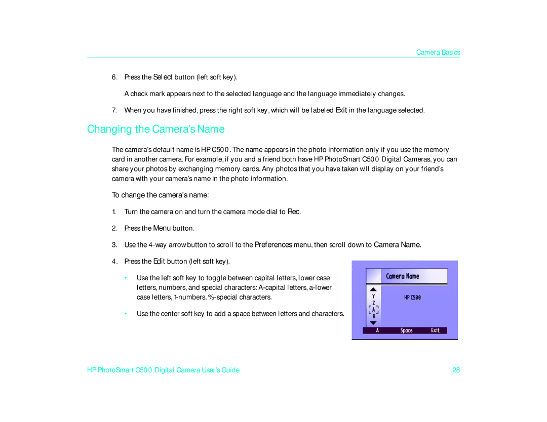 HP c500/c500xi manual Changing the Camera’s Name, To change the camera’s name 