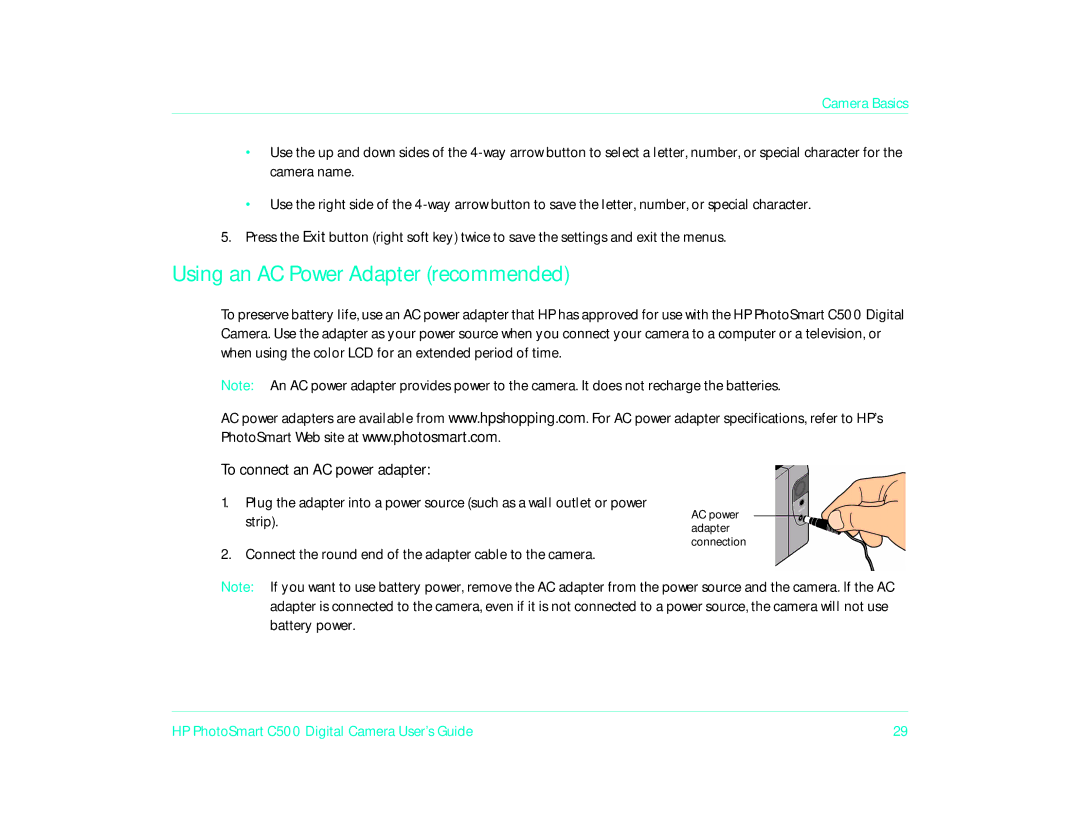 HP c500/c500xi manual Using an AC Power Adapter recommended, To connect an AC power adapter 